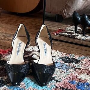Manolo Blahnik Straw Textured Black d’Orsay Heels sz 37